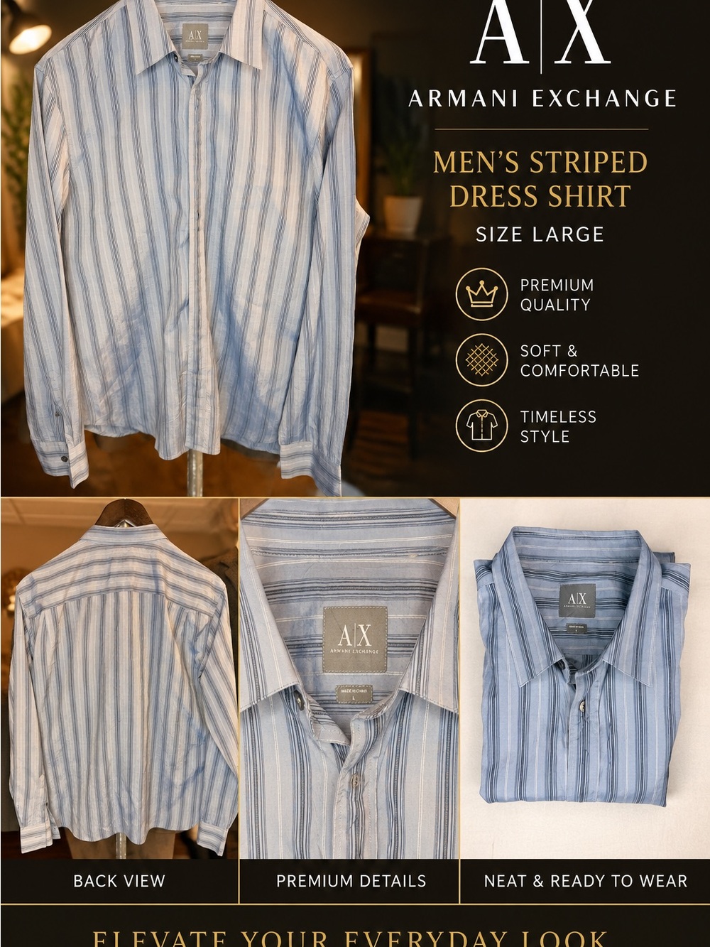 Armani Exchange Men's Silver/Blue Striped Dress Shirt (Large)